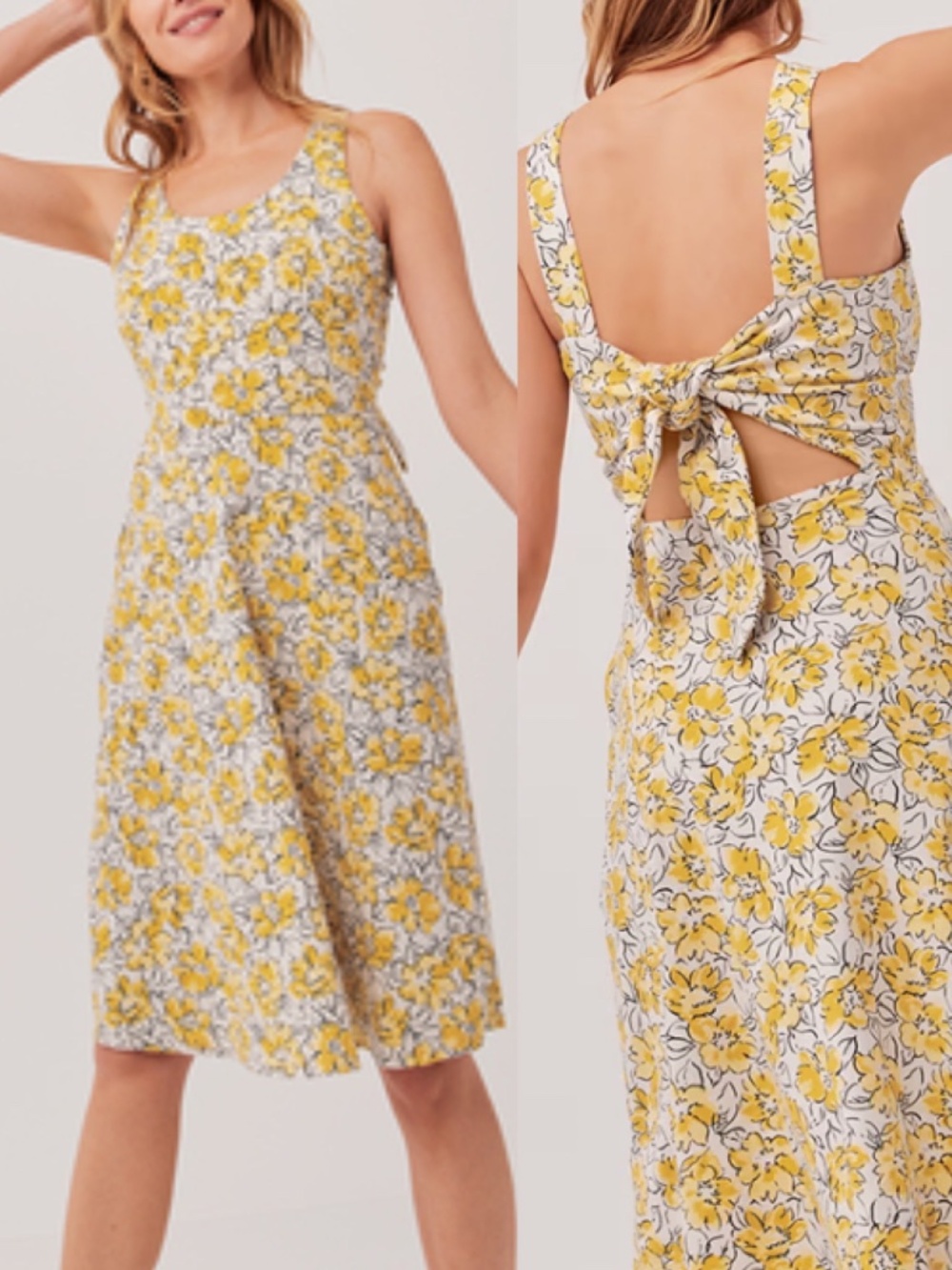Pact Fit & Flare Tie-Back Organic Cotton Dress in Reverie Floral Yellow Sz XS